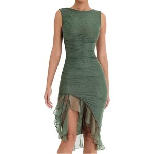 Sage Green Mesh High Low Asymmetrical Midi Dress Sleeveless Size M Ruched